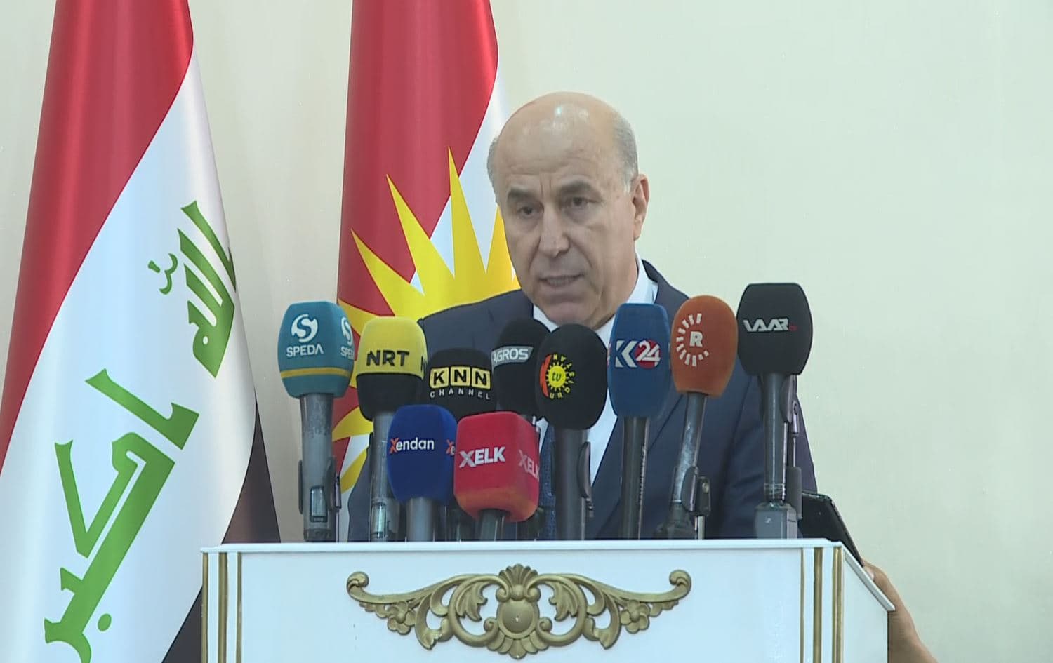 Former Erbil Governor Nawzad Hadi speaking at his farewell press conference in Erbil on September 10, 2019. Photo: Rudaw TV