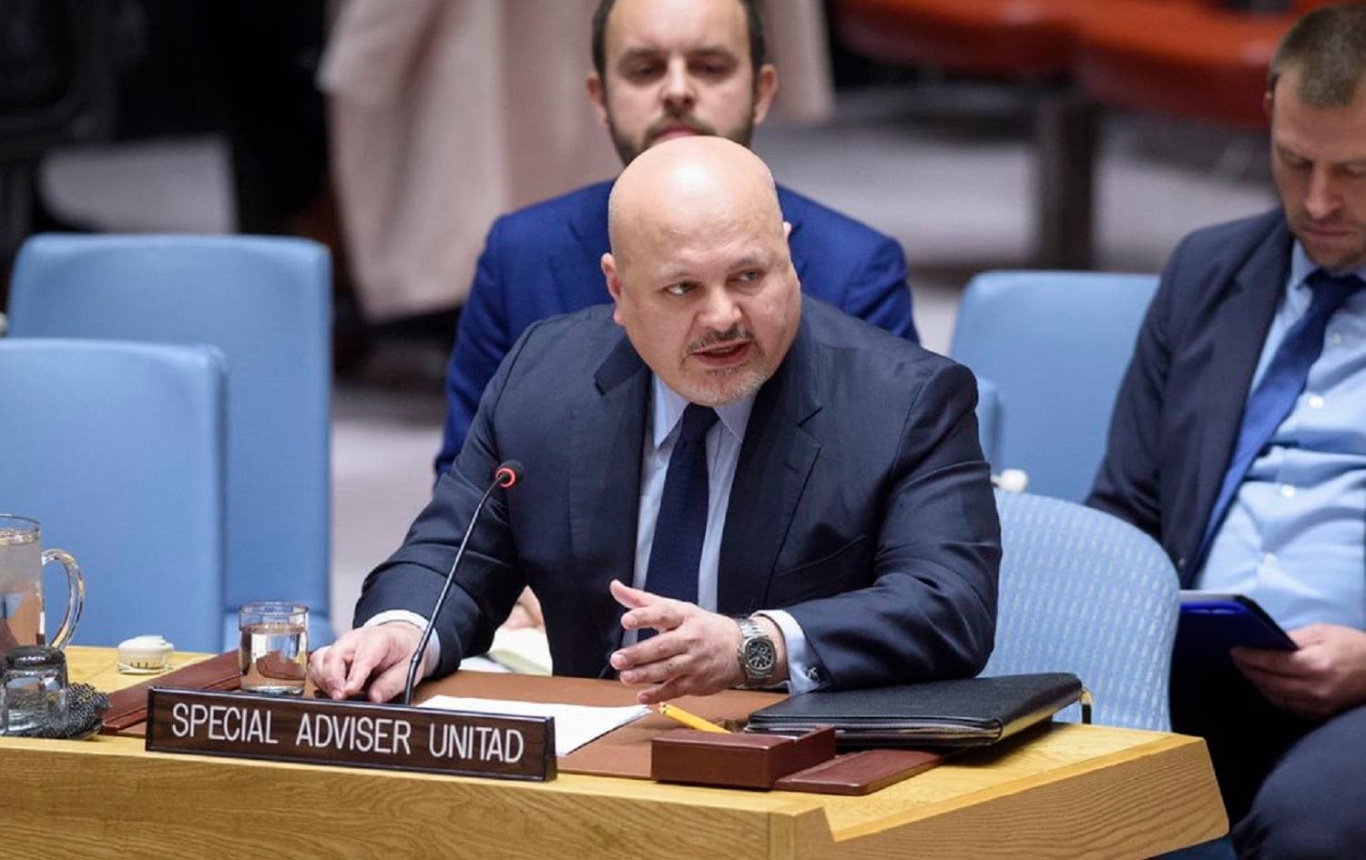 Karim Khan QC, head of the United Nations Investigative Team to Promote Accountability for Crimes Committed by Daesh (UNITAD), speaks at the UN Security Council on November 26, 2019. Photo via UNITAD Twitter 
