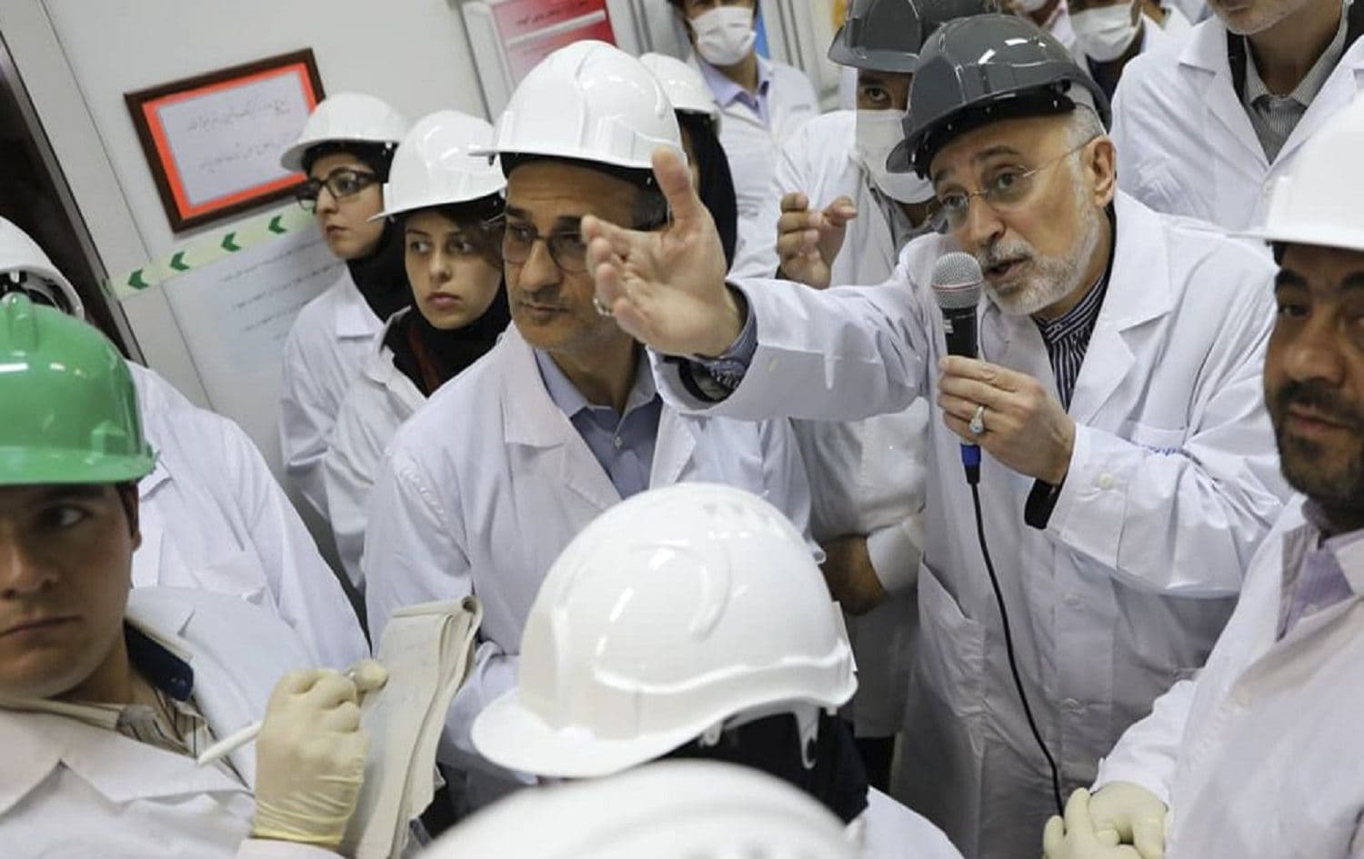 In this photo released on November 4, 2019, head of the Atomic Energy Organization of Iran (AEOI) Ali Akbar Salehi speaks with media while visiting the Natanz enrichment facility. Photo: AEOI via AP