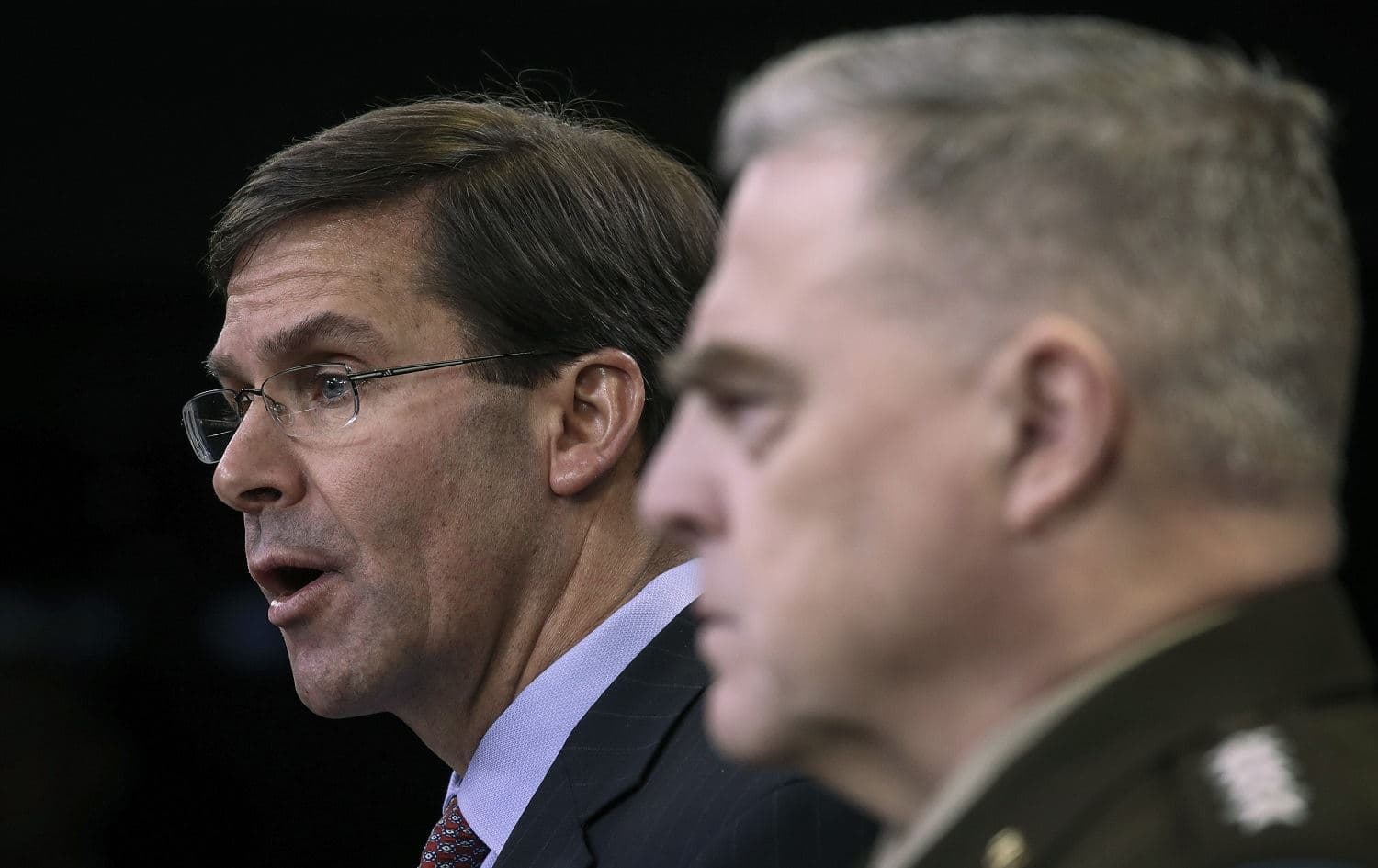 Secretary of Defense Mark Esper and Chairman of the Joint Chiefs of Staff Army Gen. Mark Milley hold an end of year press conference at the Pentagon on December 20, 2019. Photo: Drew Angerer / Getty Images / AFP