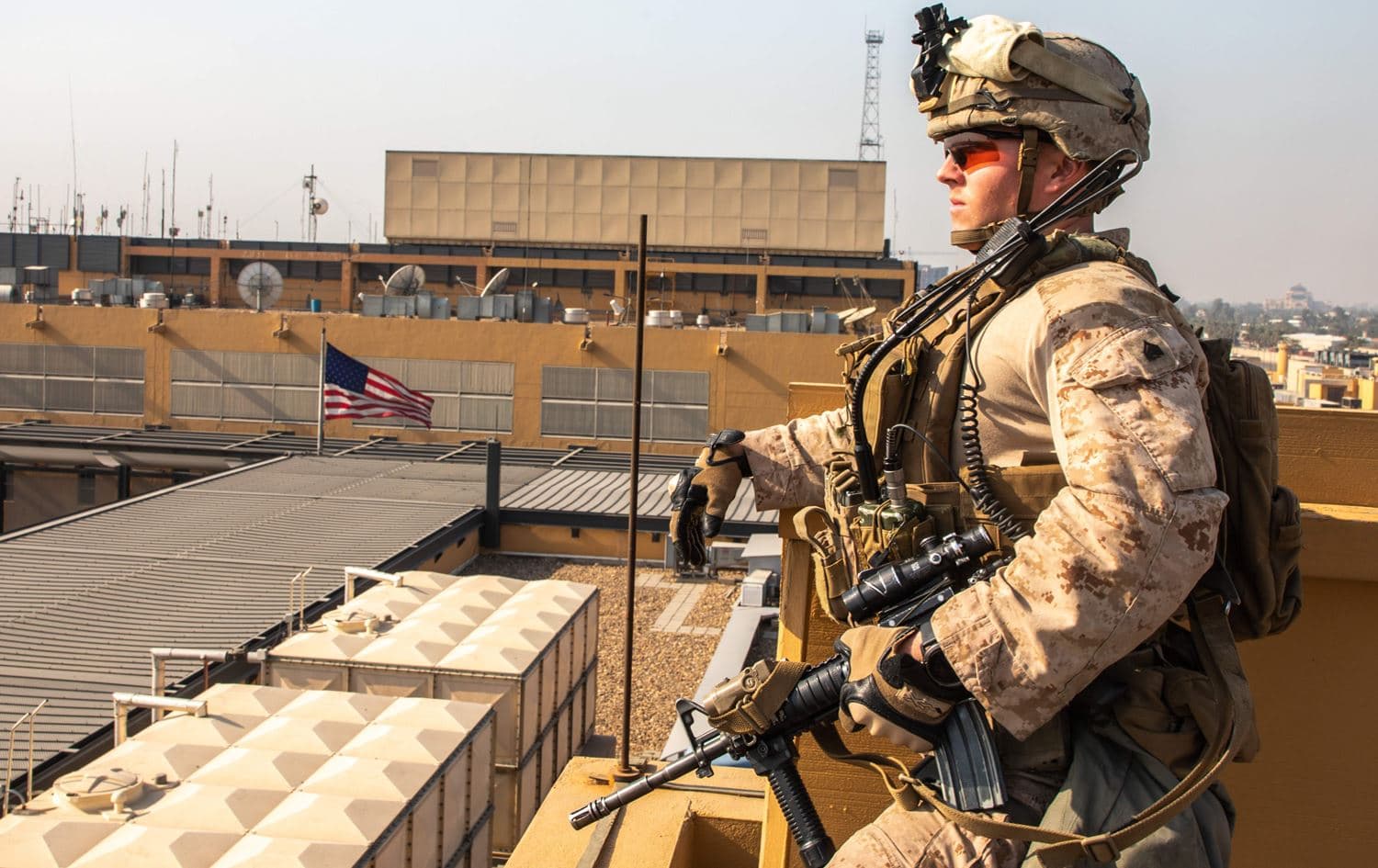 This handout image released courtesy of the US Department of Defense (DOD) shows US Marines with 2nd Battalion, 7th Marines, assigned to the Special Purpose Marine Air-Ground Task Force-Crisis Response-Central Command (SPMAGTF-CR-CC) 19.2, reinforcing the Baghdad Embassy Compound in Iraq on January 3, 2020. Photo: US Marine Corps Sgt. Kyle C. Talbot/AFP
