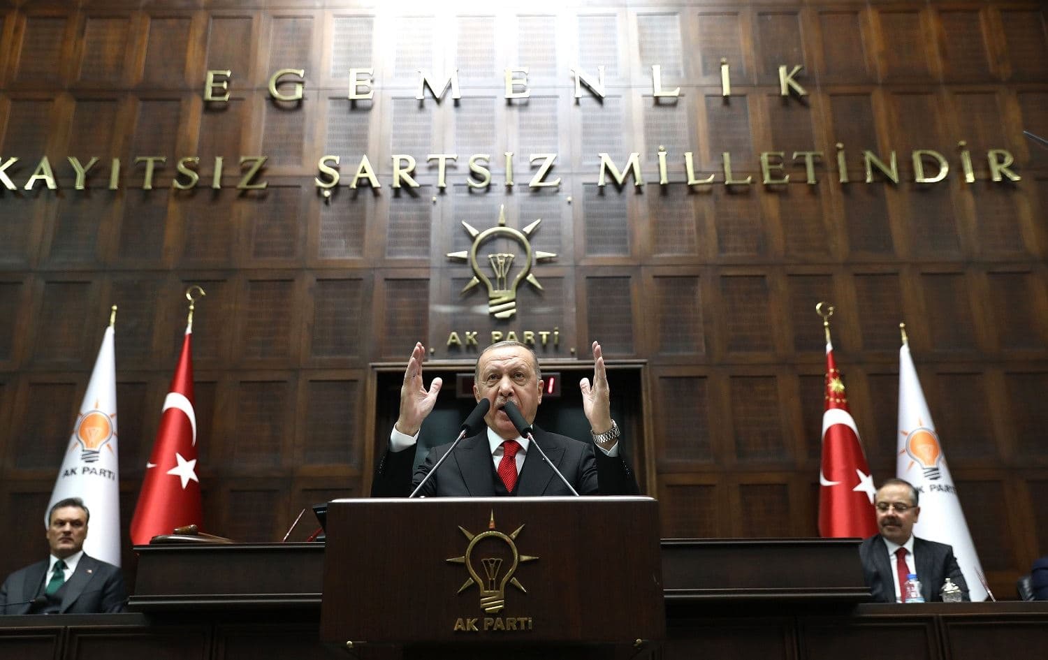 President of Turkey and leader of the Justice and Development Party (AKP) Recep Tayyip Erdogan speaks during the party's group meeting at the Grand National Assembly of Turkey in Ankara, on February 12, 2020. Photo: Adem Altan / AFP