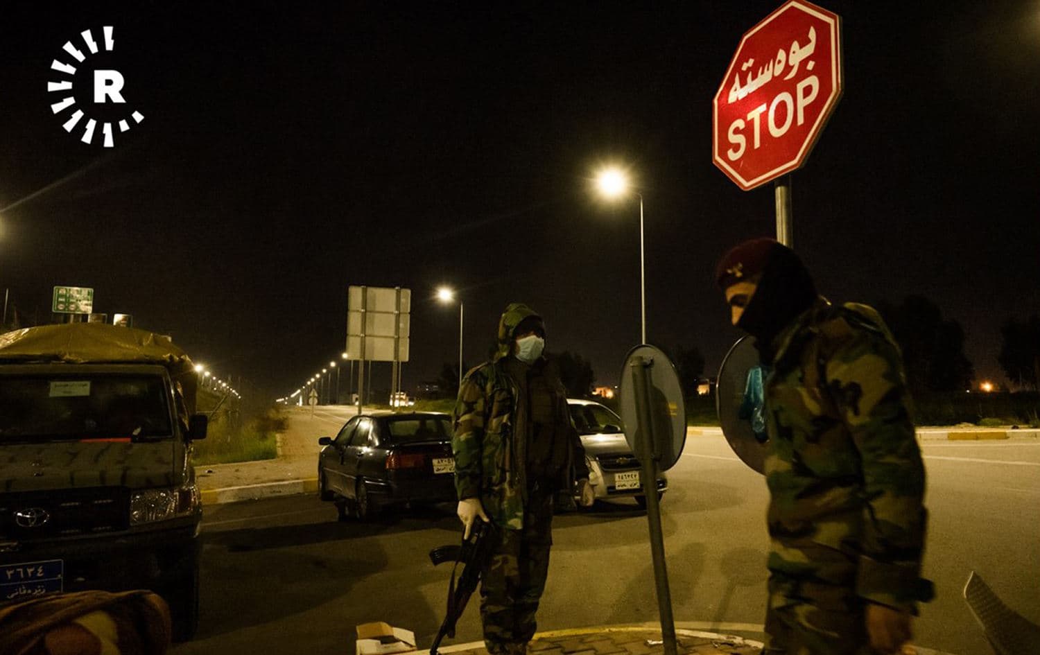 Peshmerga forces on duty, implementing a coronavirus lockdown in Erbil on March 20, 2020. Photo: Bilind T. Abdullah