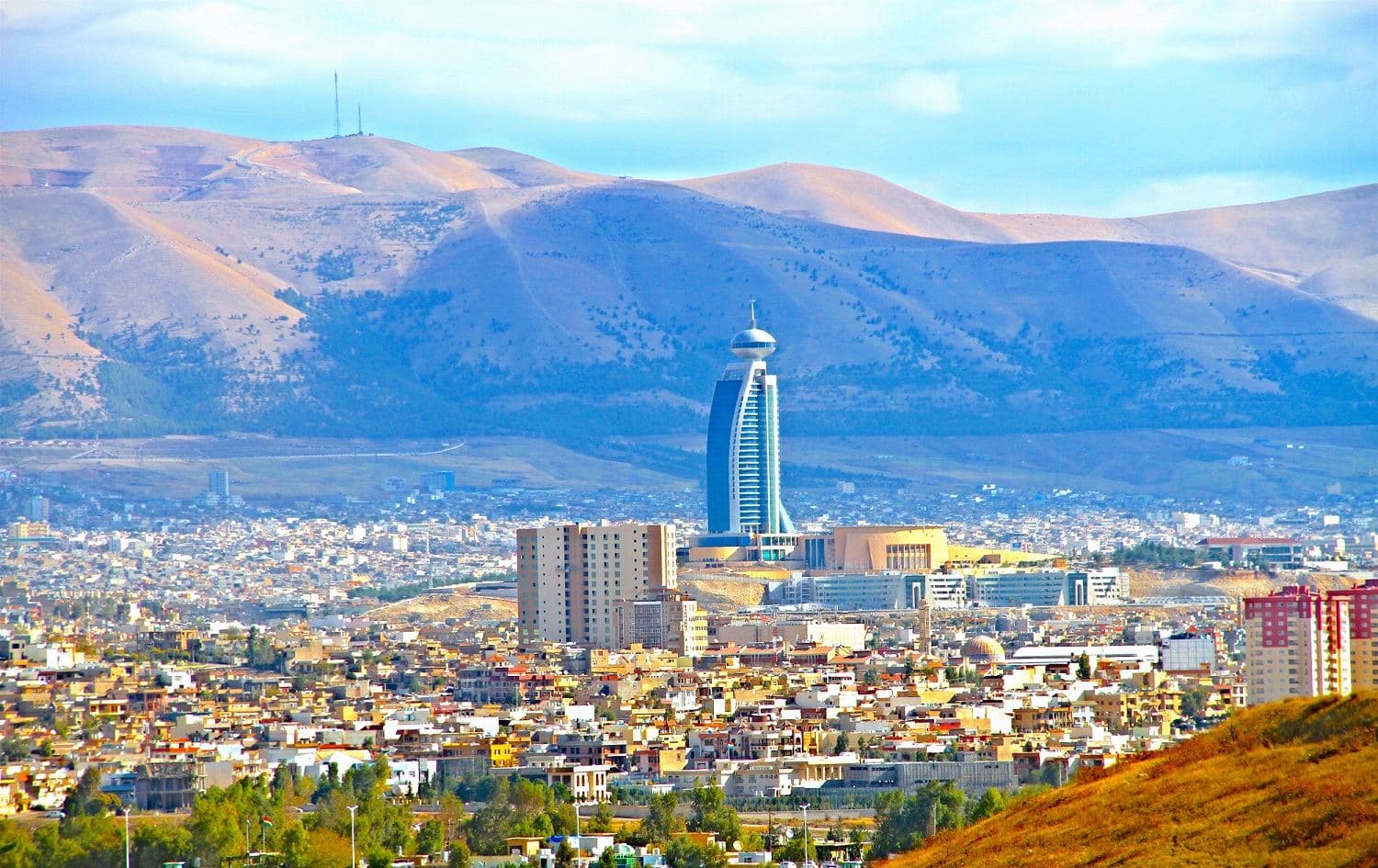 A panorama of Sulaimani city featuring the iconic Grand Millennium Hotel, November 21, 2013. File photo: Diyar Muhammed / Wikimedia Commons