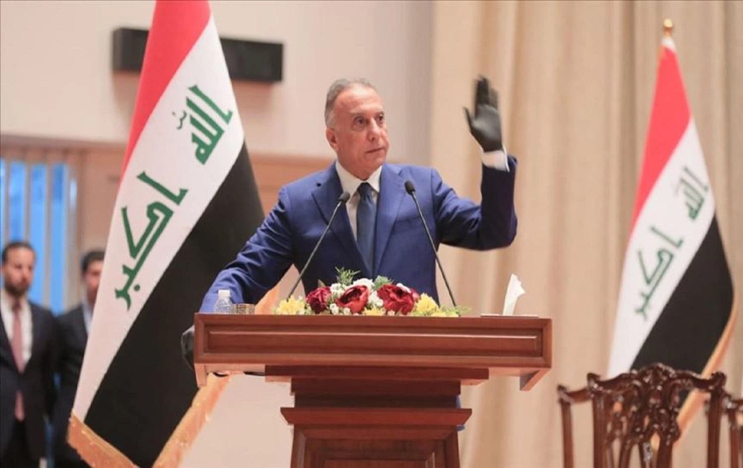 Iraqi PM-designate Mustafa al-Kadhimi makes a speech at Iraqi parliament for a vote of confidence on May 06, 2020. Photo: Iraqi parliament via Anadolu Agency