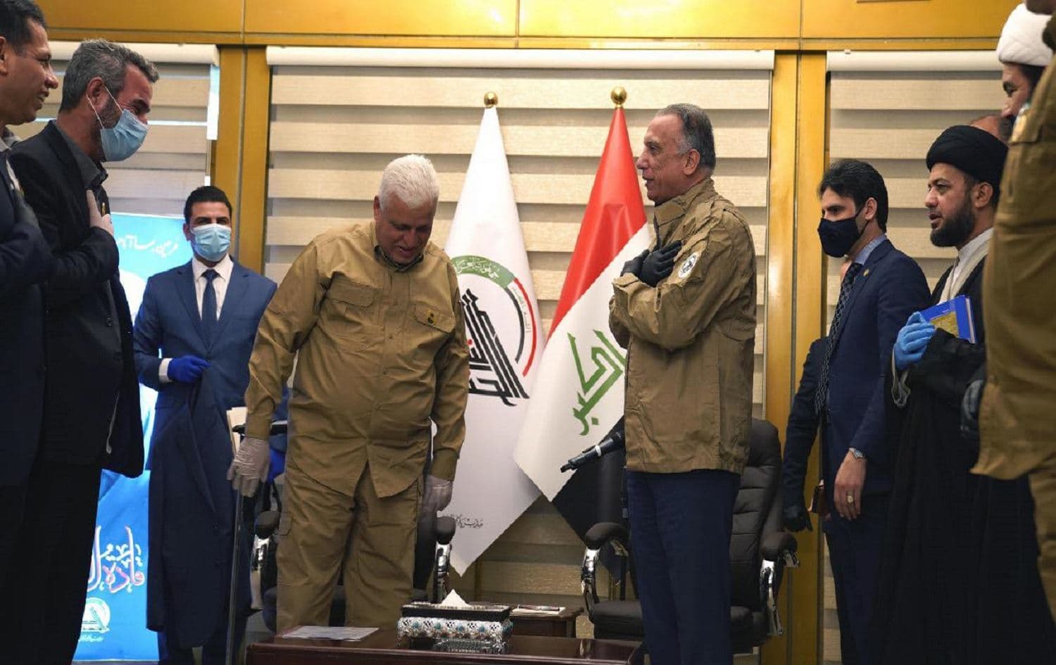PMF chairman Falih al-Fayyadth with Iraqi prime minister Mustafa al-Kadhimi at a meeting at PMF headquarters in Baghdad on May 16, 2020. Photo: Media Office of the Iraqi Prime Minister facebook page