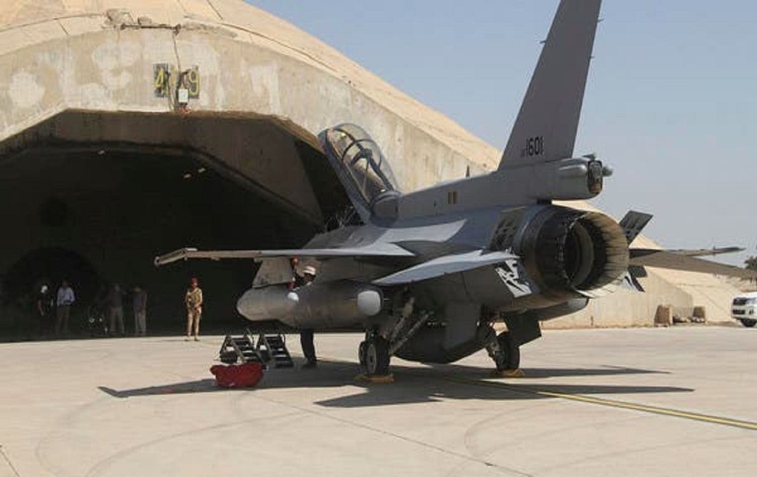 This July 2015 file photo shows one of four new US- made F-16 fighter jets outside a hardened hangar upon its arrival to Balad air base, north of Baghdad. Photo: AP