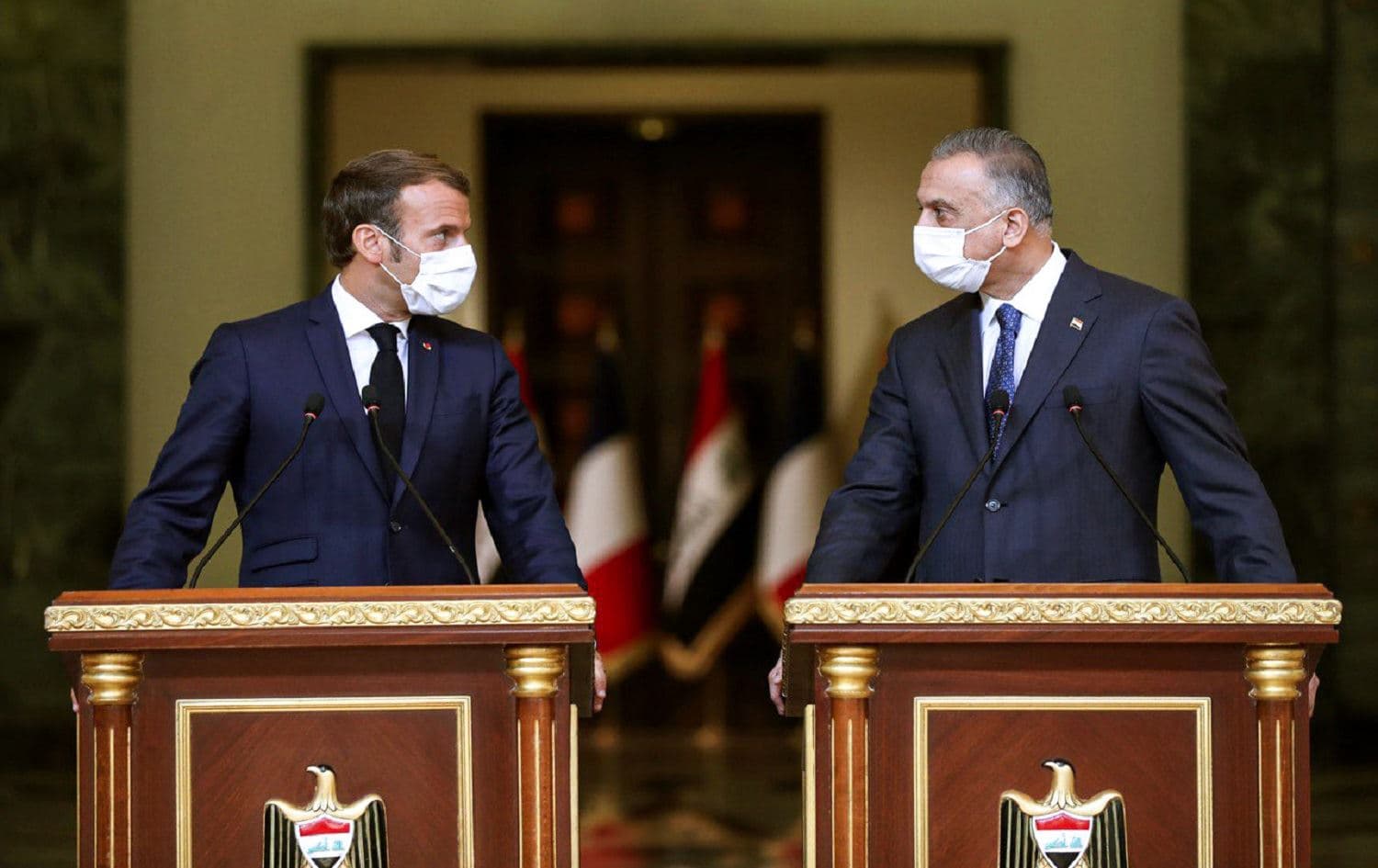  PM Mustafa al-Kadhimi with French President Emmanuel Macron in Baghdad on September 2, 2020. Photo:Iraqi Prime Minister's Press Office/ AFP