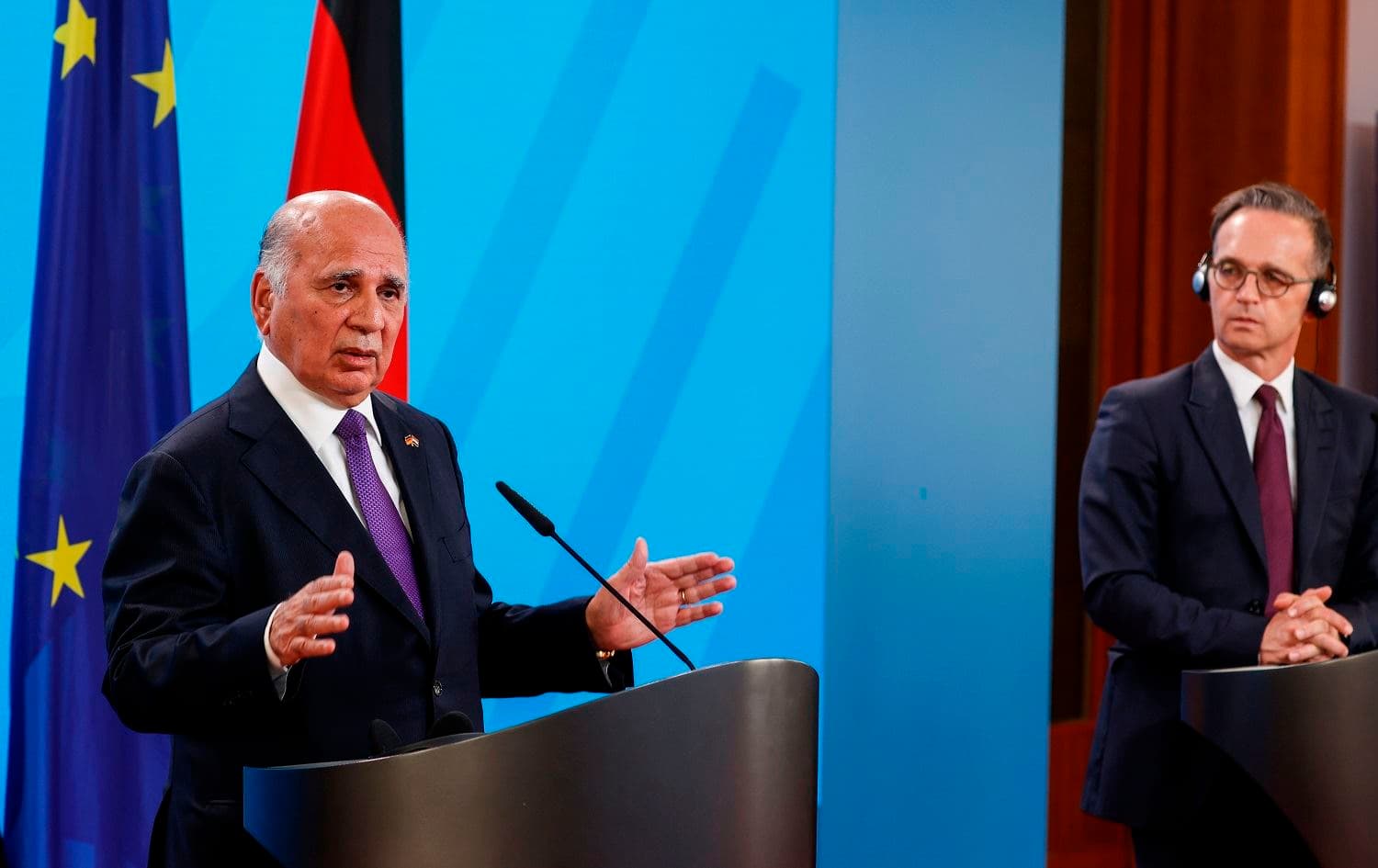 German Foreign minister Heiko Maas (R) and Iraqi Foreign minister Fuad Hussein attend a joint press conference after talks in Berlin, on September 14, 2020. Photo: Odd Andersen/pool/AFP