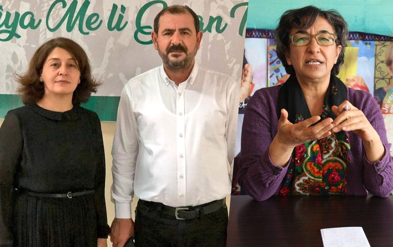 HDP provincial co-chairs Hulya Alokmen and Zeyyat Ceylan (left) were formally charged and TJA spokesperson Ayse Gokkan (right) was arrested on Friday. Photos: HDP; Graphic: Ahmed Barham/Rudaw