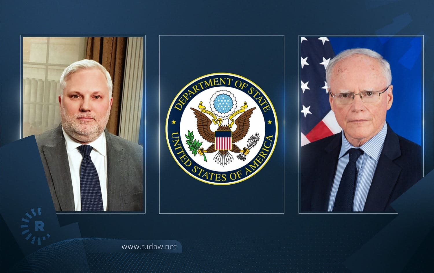 Joel Rayburn, left, will replace James Jeffrey, right, as US Special Envoy to Syria, according to Kurdish official. Photos: handout/Department of State; Graphic: Sarkawt Mohammed/Rudaw