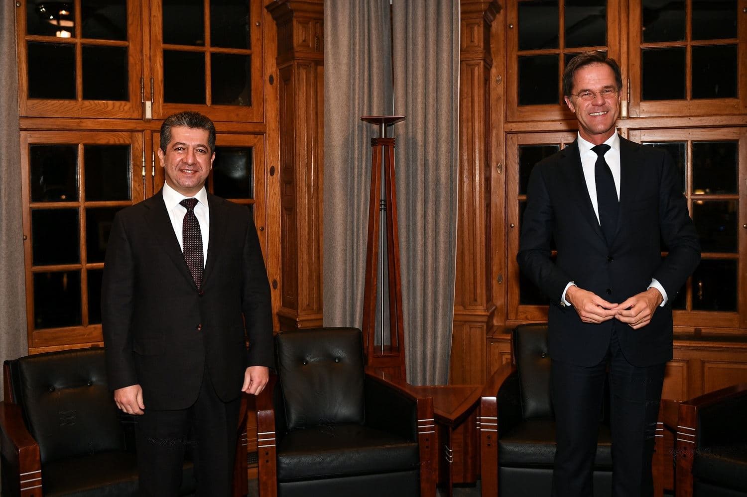 KRG Prime Minister Masoud Barzani (left), Netherlands Prime Minister Mark Rutte (right) meet in Netherlands, Nov 9, 2020. Photo: Twitter