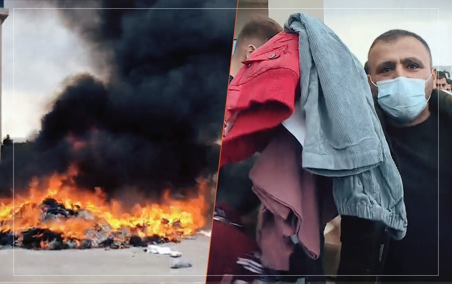 Families of Peshmerga fighters burn aid from a US NGO outside Erbil's Peshmerga hospital on November 11, 2020. Photo: Rudaw