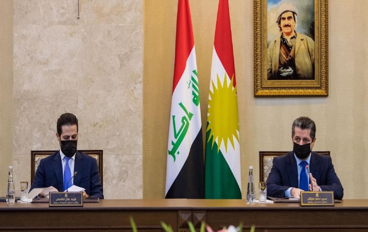 Deputy Prime Minister Qubad Talabani (left) and Prime Minister Masrour Barzani (right) in a Council of Ministers meeting. November 25, 2020. Photo: KRG