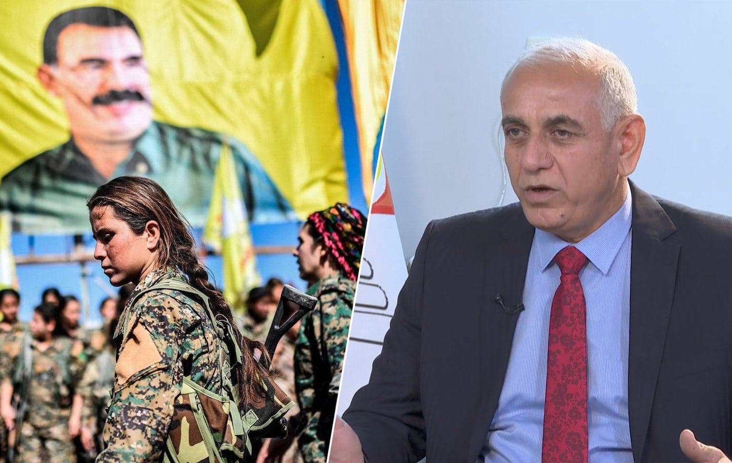 [Left] A poster of PKK leader Abdullah Ocalan looks over Women's Protection Units (YPJ) in central Raqqa. Date: October 2017. Photo: AFP [Right] Oso speaking to Rudaw in December 2020.