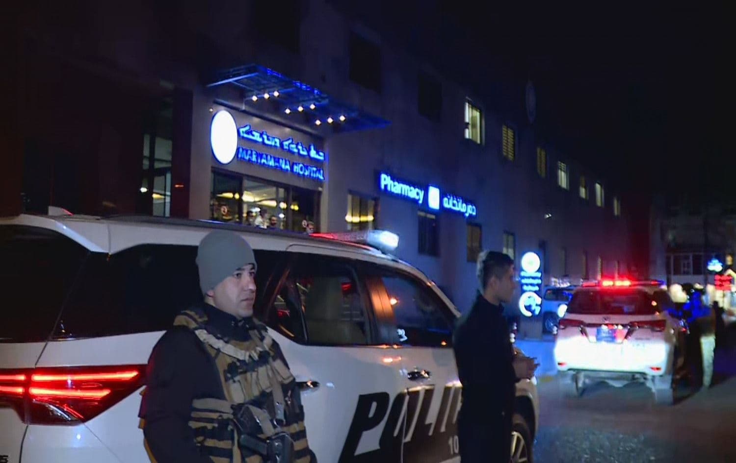 Police outside Ainkawa's Maryamana hospital on January 27, 2021. Photo: screenshot/Rudaw