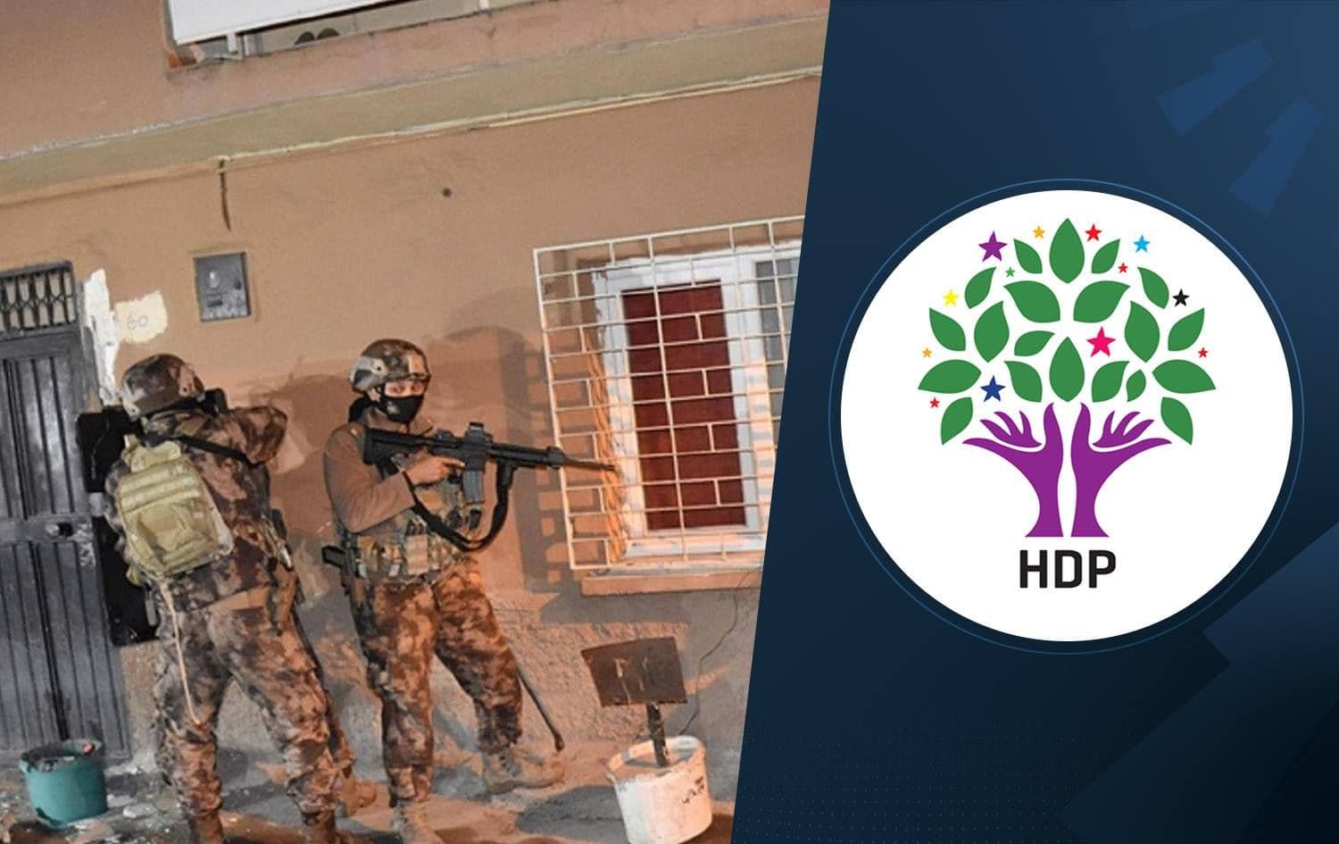 [Left] Turkish security forces raid the house of an alleged PKK member in Adana on February 15, 2021. Photo: AA. [Right] Logo of HDP. Graphic: Ahmed Bahram/Rudaw