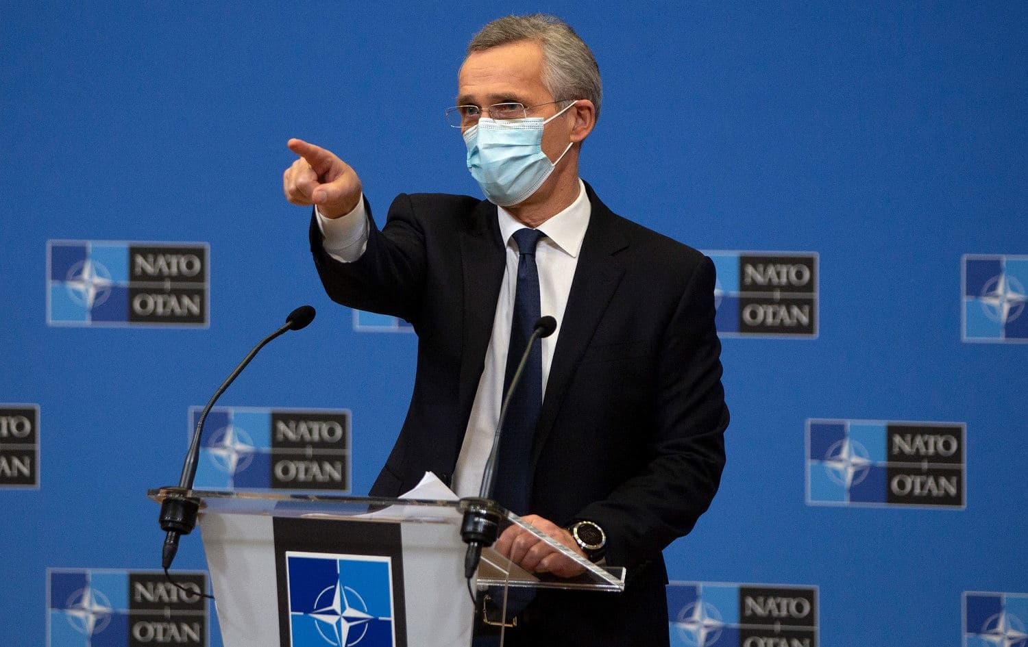 NATO Secretary General Jens Stoltenberg gestures during a press conference following a video conference with NATO Defence Ministers in Brussels on February 18, 2021. Photo: Virginia Mayo/pool/AFP