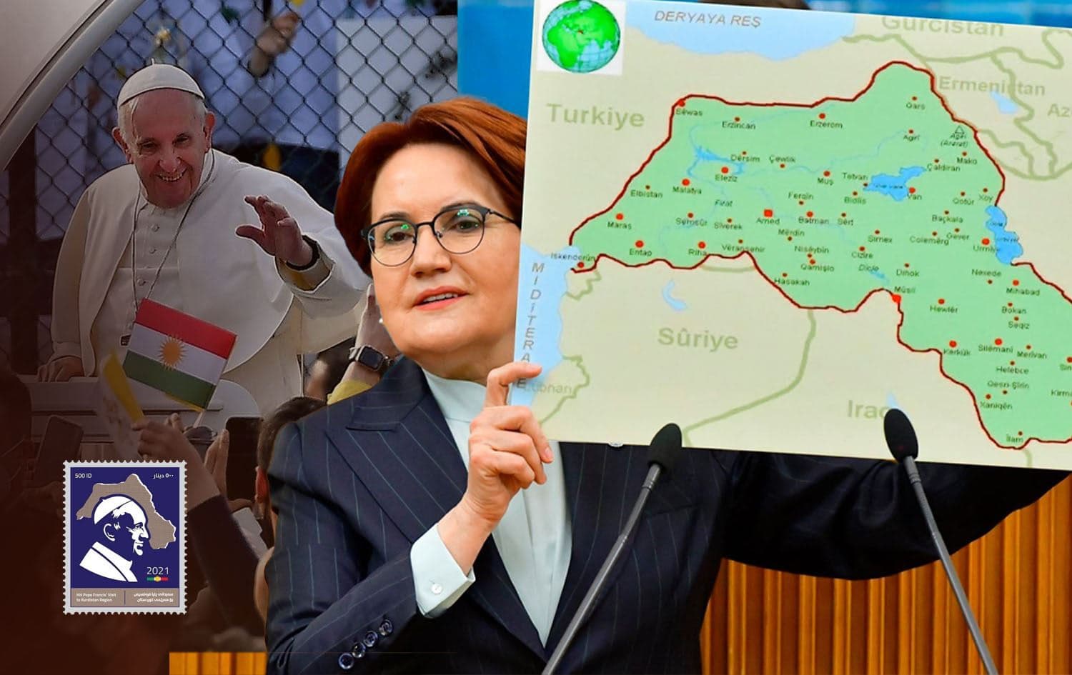 Left to right: A stamp showing the pope and map of greater Kurdistan, and Meral Aksener holds a map of greater Kurdistan at Turkish parliament on March 10, 2021. Graphic: Ahmed Bahram/Rufaw