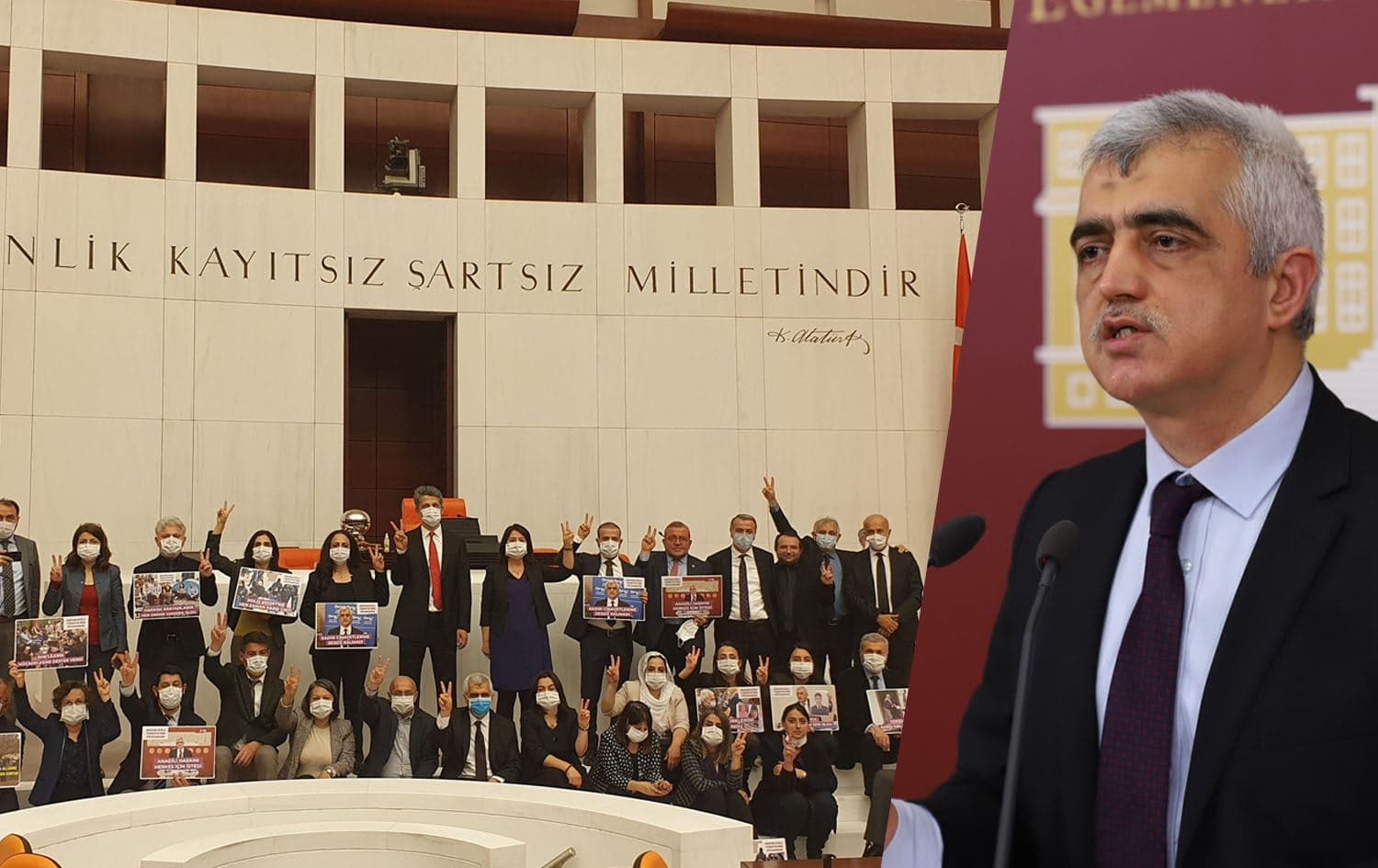 HDP lawmakers hold a sit-in at Turkish parliament on March 17, 2021, and a file photo of Gergerlioglu speaking at parliament. Photos: HDP and Turkish parliament