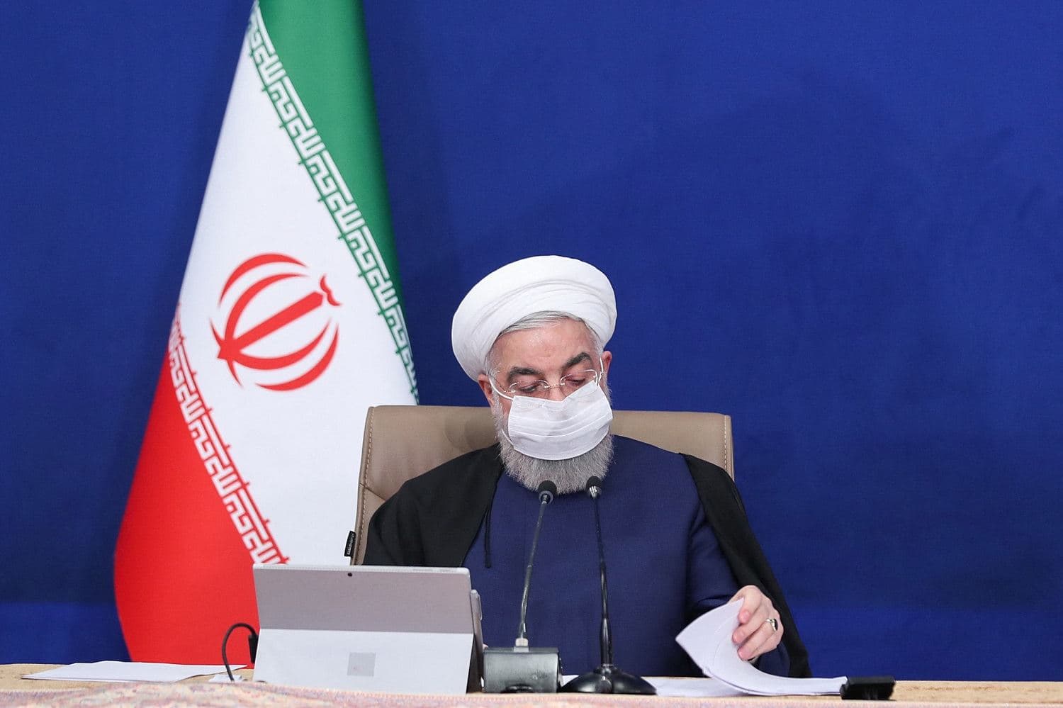 A handout picture provided by the Iranian presidency on April 7, 2021 shows President Hassan Rouhani attending a cabinet meeting in the capital Tehran. Photo: Iranian Presidency / AFP