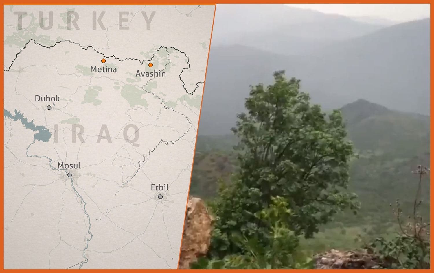Left: Map of Metina and Avashin areas. Graphic: Maps4news; Sarkawt Mohammed/Rudaw. Right: Screengrab from footage published by the Turkish Defence Ministry purportedly showing areas seized during ongoing operations.