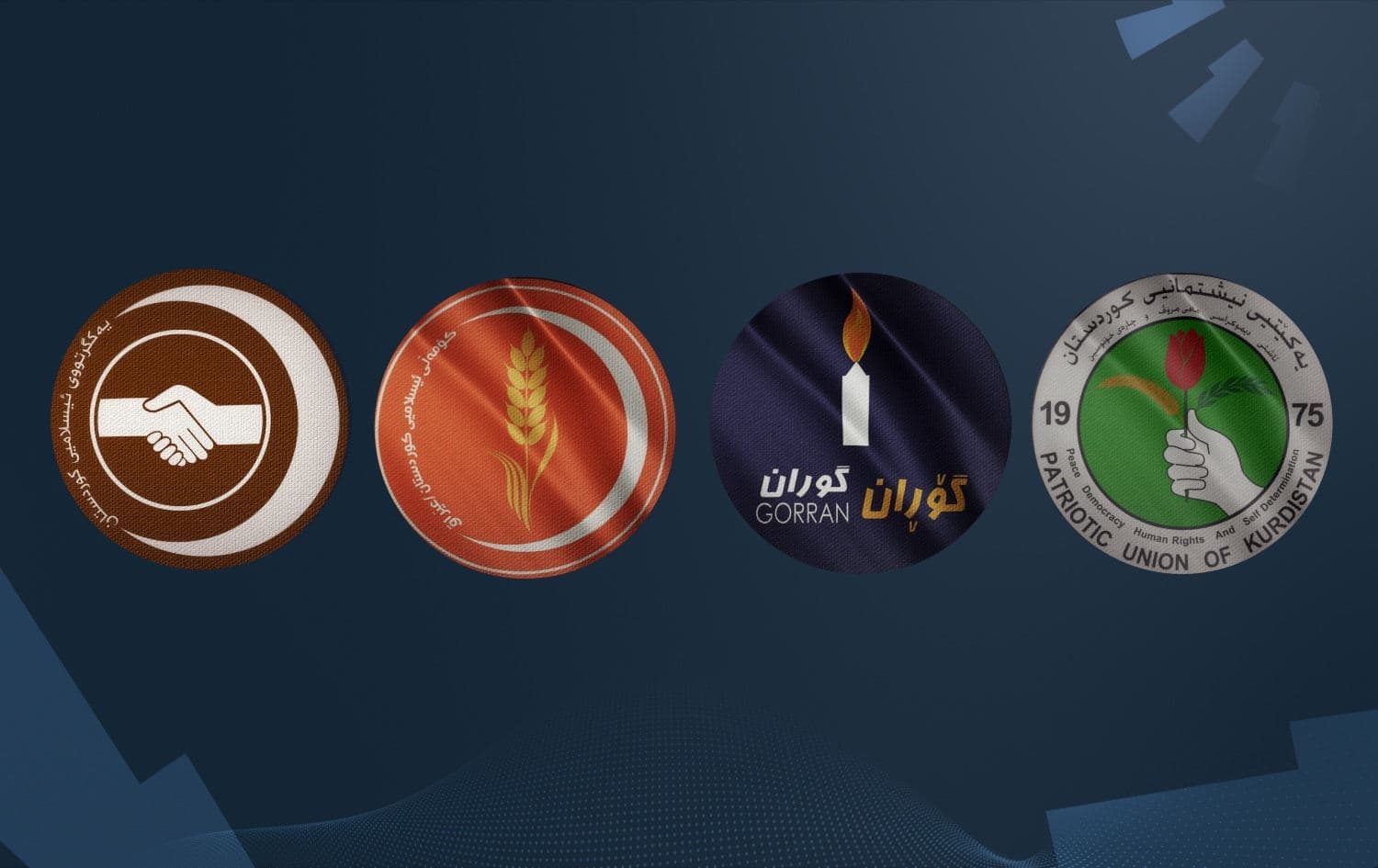 لۆگۆی یەکێتی، گۆڕان، یەکگرتوو و کۆمەڵ. گرافیک: عبدولباست ئیبراهیم - رووداو