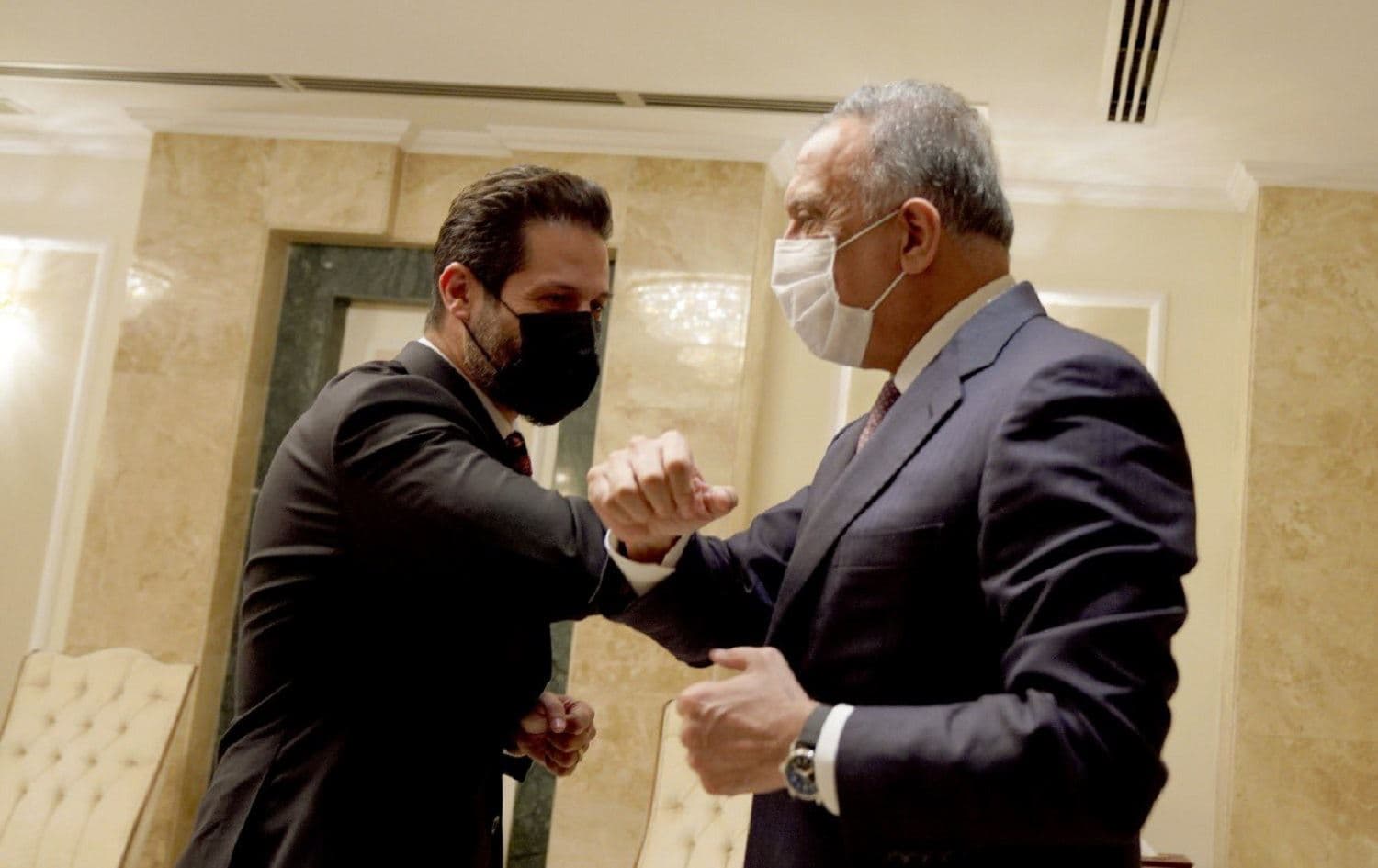 Kurdistan Region Deputy Prime Minister Qubad Talabani (left) and Iraqi Prime Minister Mustafa al-Kadhimi (right) bump elbows in Baghdad. Photo: handout/Qubad Talabani Twitter