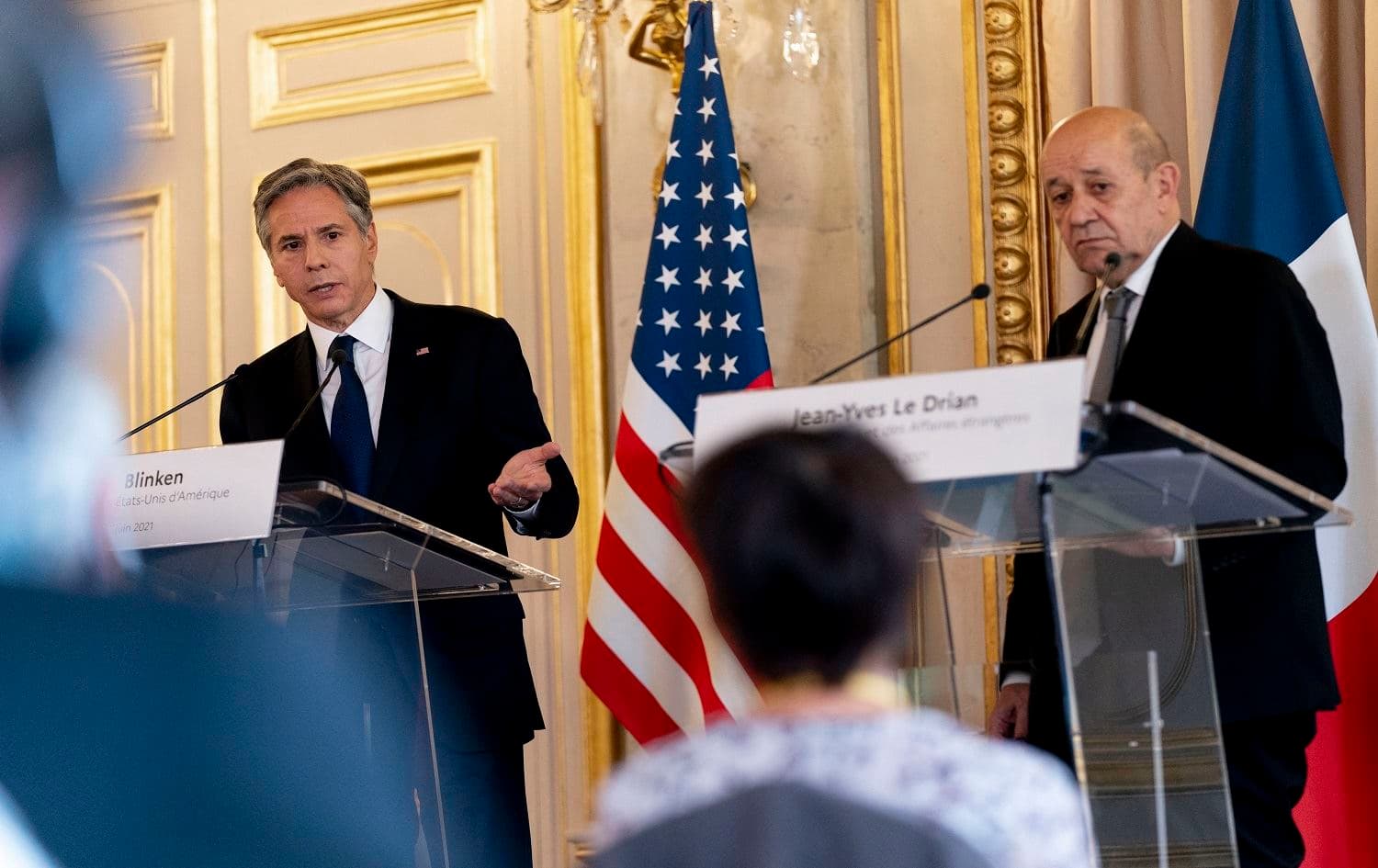 US Secretary of State Antony Blinken (L) and French Foreign Affairs Minister Jean-Yves Le Drian hold a joint press conference at the French Ministry of Foreign Affairs in Paris, on June 25, 2021 Photo: AFP/Andrew Harnik 