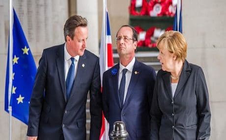 David Cameron (L), Francois Hollande and Angela Merkel. Photo: AFP