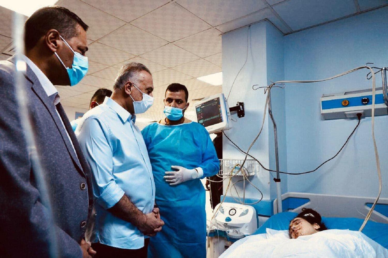 Mustafa al-Kadhimi visits bomb victims at the City of Medicine in Baghdad on Thursday, July 22, 2021. Photo: PM’s Facebook