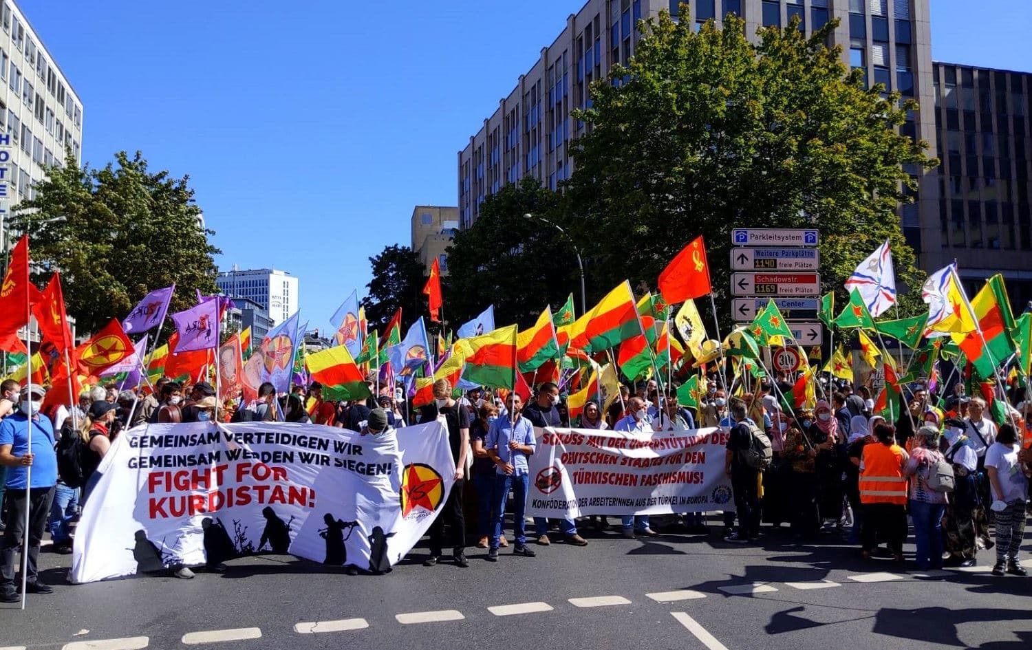 Supporters of the Kurdistan Workers’ Party (PKK) march through Dusseldorf, Germany on August 14, 2021. Photo: Defend Kurdistan/Twitter