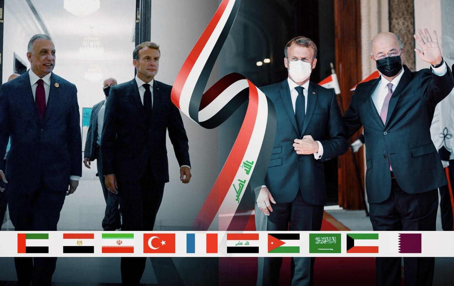 French President Emmanuel Macron meets with Iraqi PM Mustafa al-Kadhimi and President Barham Salih in Baghdad on August 28, 2021. Photos: PM's office, presidency 