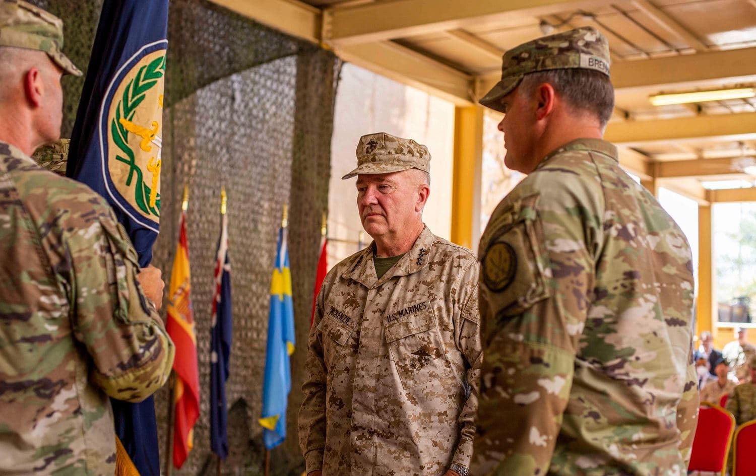 Commander of US Central Command, General Kenneth McKenzie (centre), presides over a Coalition ceremony transferring authority to Major General John Brennan (right) in Baghdad on September 9, 2021. Photo: handout/CJTF-OIR