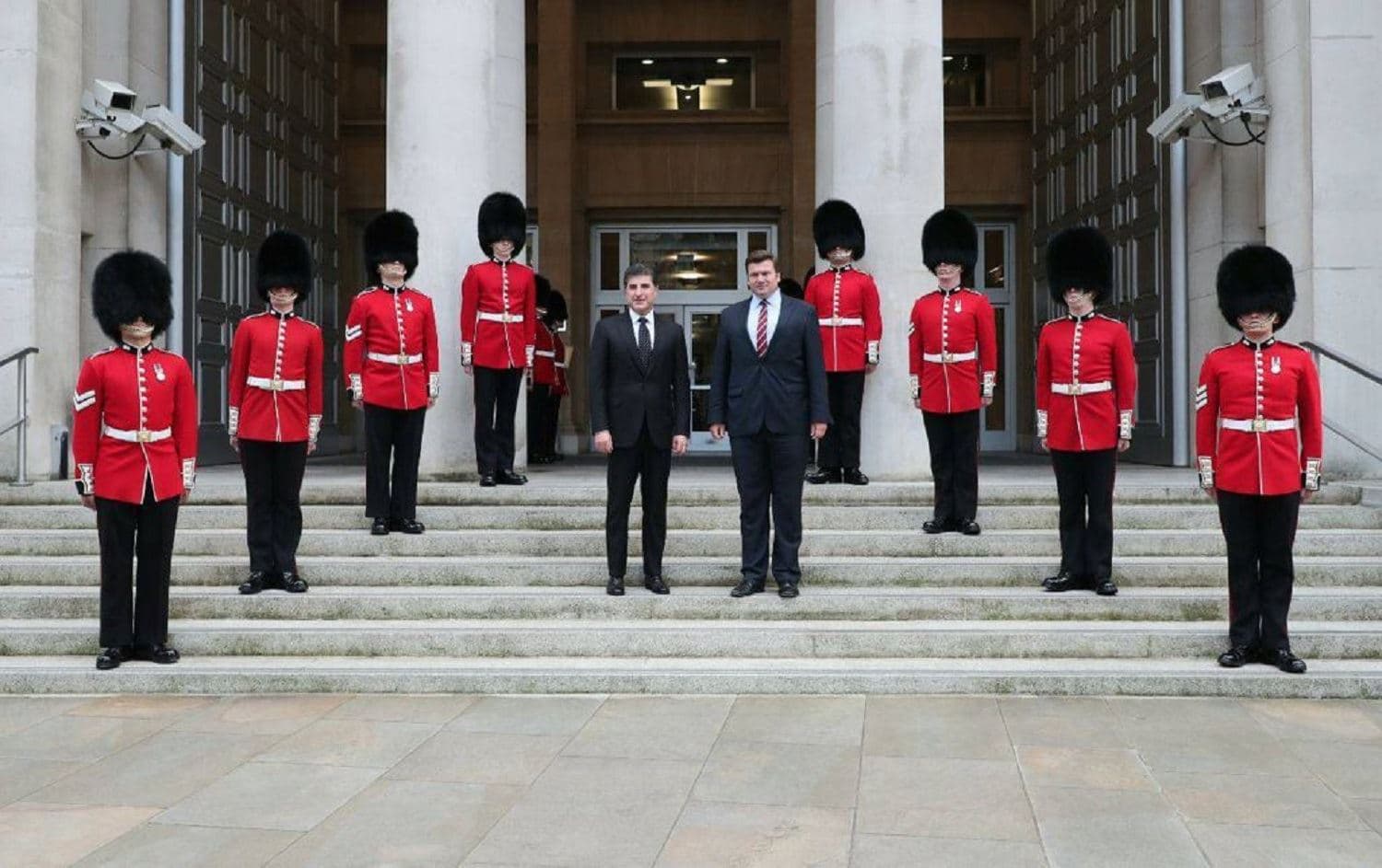 Kurdistan Region President Nechirvan Barzani's arrival at the UK Ministry of Defence. Photo: Barzani's office