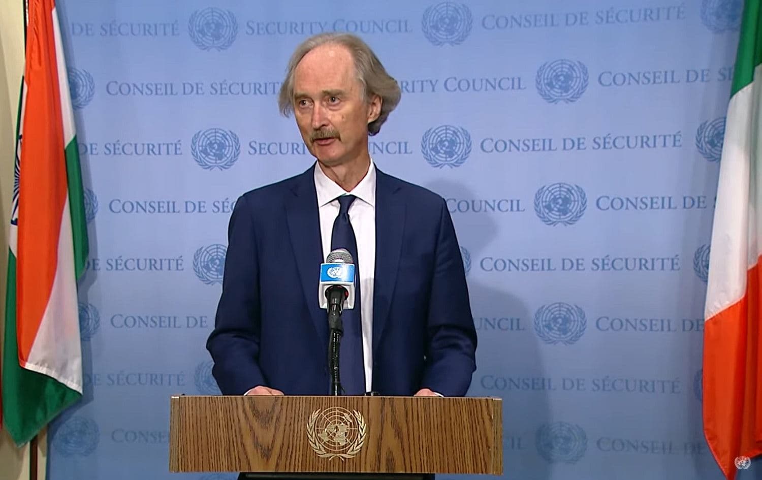 UN special envoy for Syria Geir Pedersen speaks to media at the United Nations in New York on September 28, 2021. Photo: UN