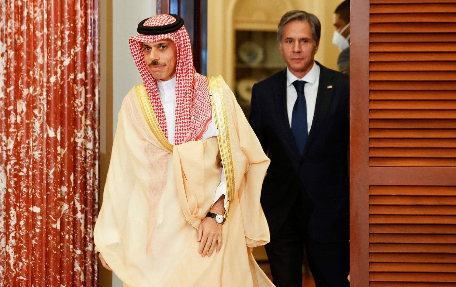 US Secretary of State Antony Blinken and Saudi Arabia's Foreign Minister Prince Faisal bin Farhan arrive to deliver remarks to reporters before meeting at the State Department in Washington on October 14, 2021. Photo: Jonathan Ernst/pool/AFP