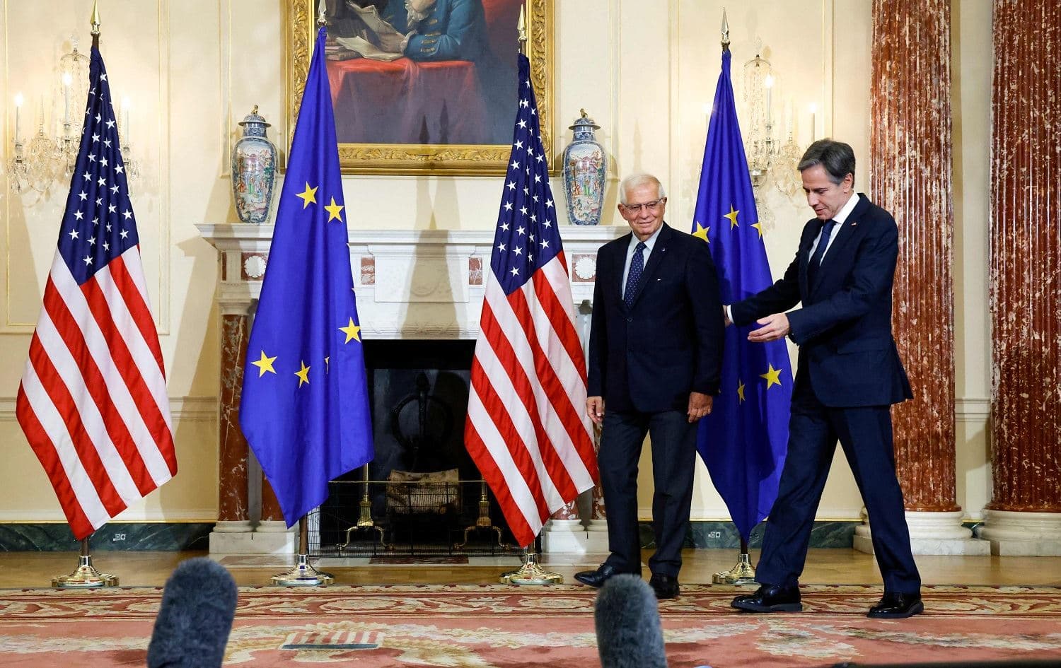 US Secretary of State Antony Blinken and EU High Representative for Foreign Affairs Josep Borrell arrive to speak to reporters before meeting in Washington on October 14, 2021. Photo: Jonathan Ernst/pool/AFP