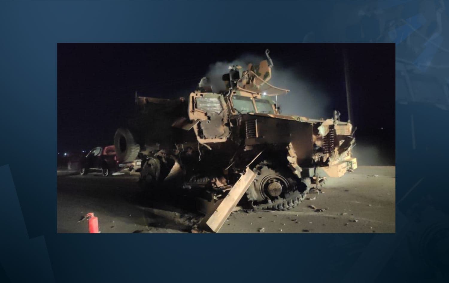 A mangle armoured vehicle is pictured after a reported IED attack on Turkish forces in Syria’s Idlib province on October 15, 2021. Photo: Syrian Observatory for Human Rights