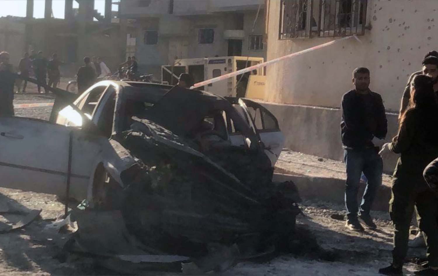 The aftermath of a vehicle targeted by a Turkish drone strike on Wednesday, October 20, 2021 in the Kurdish city of Kobane in northern Syria. Photo: Hawar News Agency