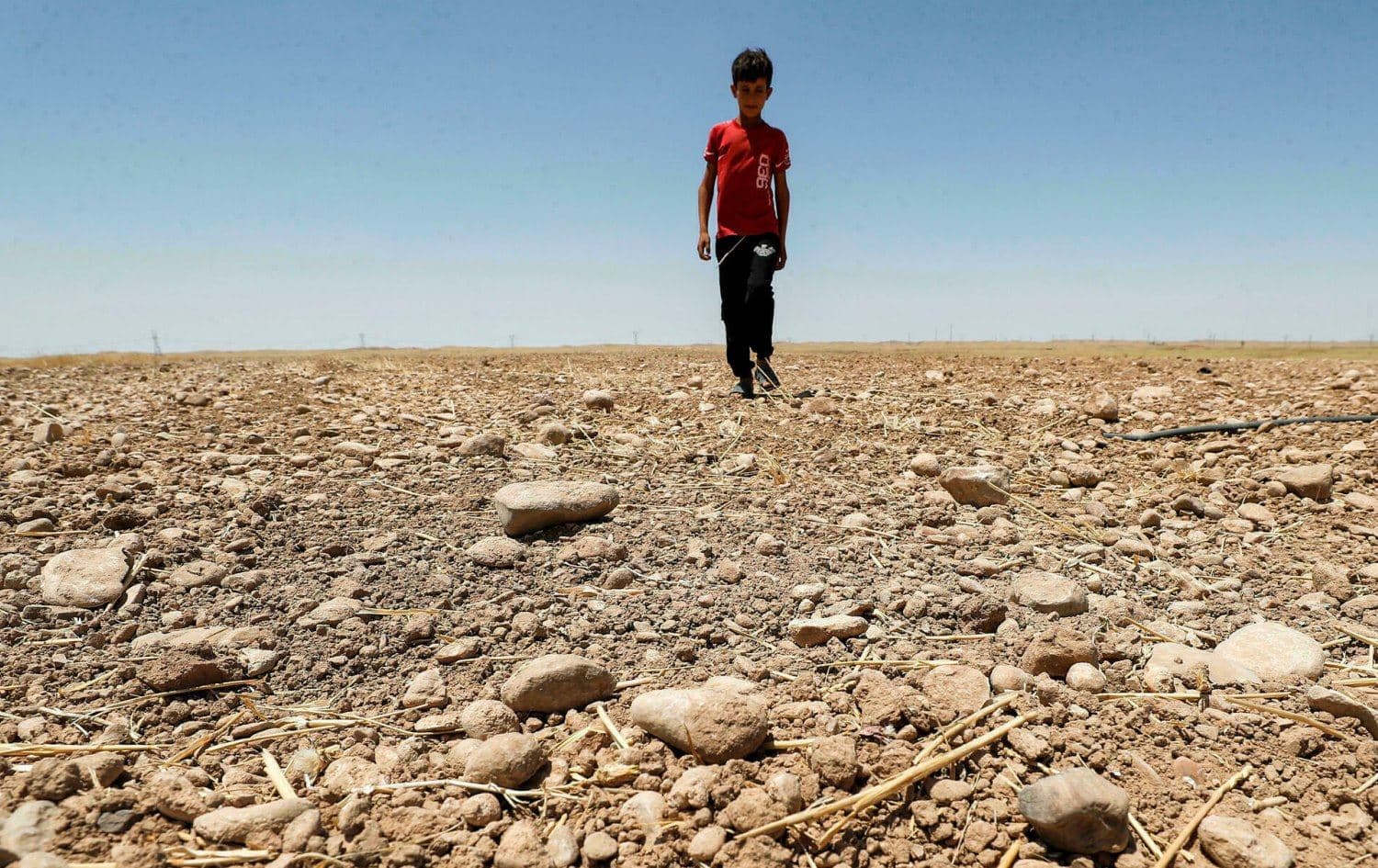 A boy walks through a dried up agricultural field in northern Diyala, Iraq on 24 June 2021. Photo: AFP