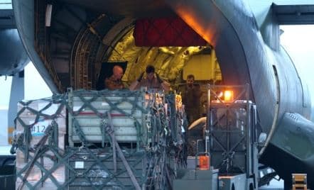 A transport plane in Germany is loaded with relief aid for Kurdistan last week. Photo: AP