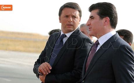 Kurdish Prime Minister Nechirvan Barzani (right) receives his Italian counterpart  Matteo Renzi. 