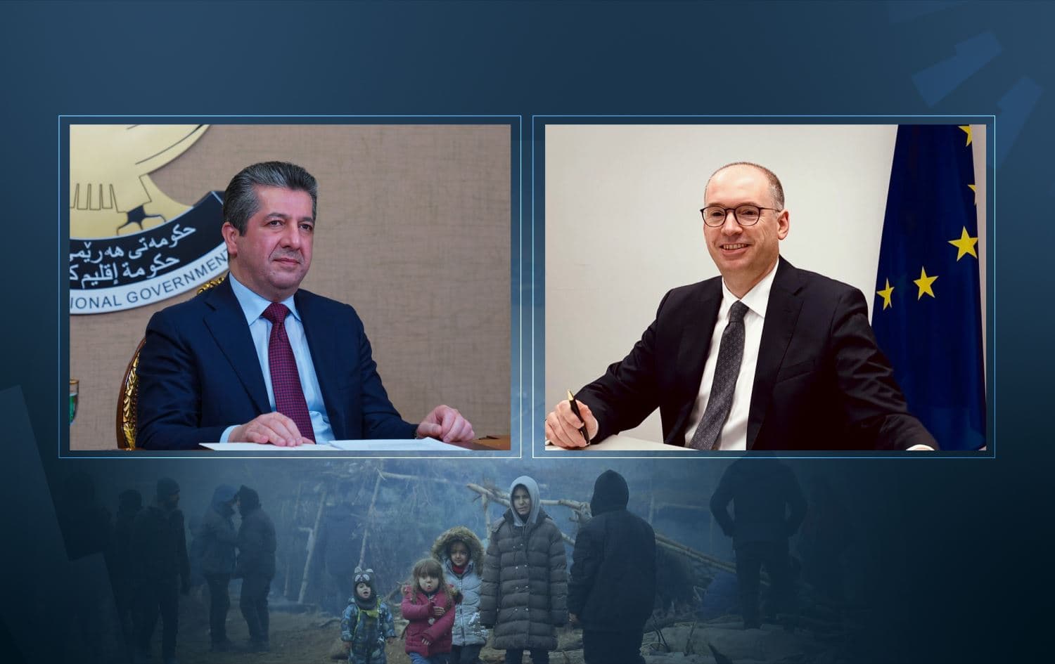German Minister of State in the Foreign Office Niels Annen (right) spoke with Kurdistan Region Prime Minister Masrour Barzani (left) about the Belarus migrant crisis on November 14, 2021. Photos: Left: Masrour Barzani. Photo: KRG; Right: Niels Annen. Photo: handout; Background: Migrants on the Poland-Belarus border. Photo: AFP