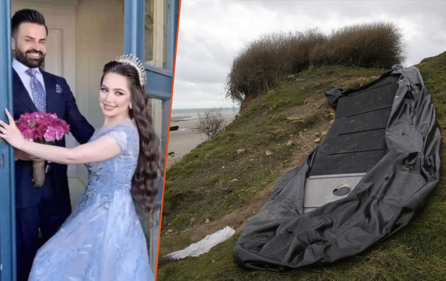 From left: Karzan and Baran Nuri posed for a photo for their engagement ceremony in January 2021, and the boat that was carrying the 27 migrants. Photos: handout and AP