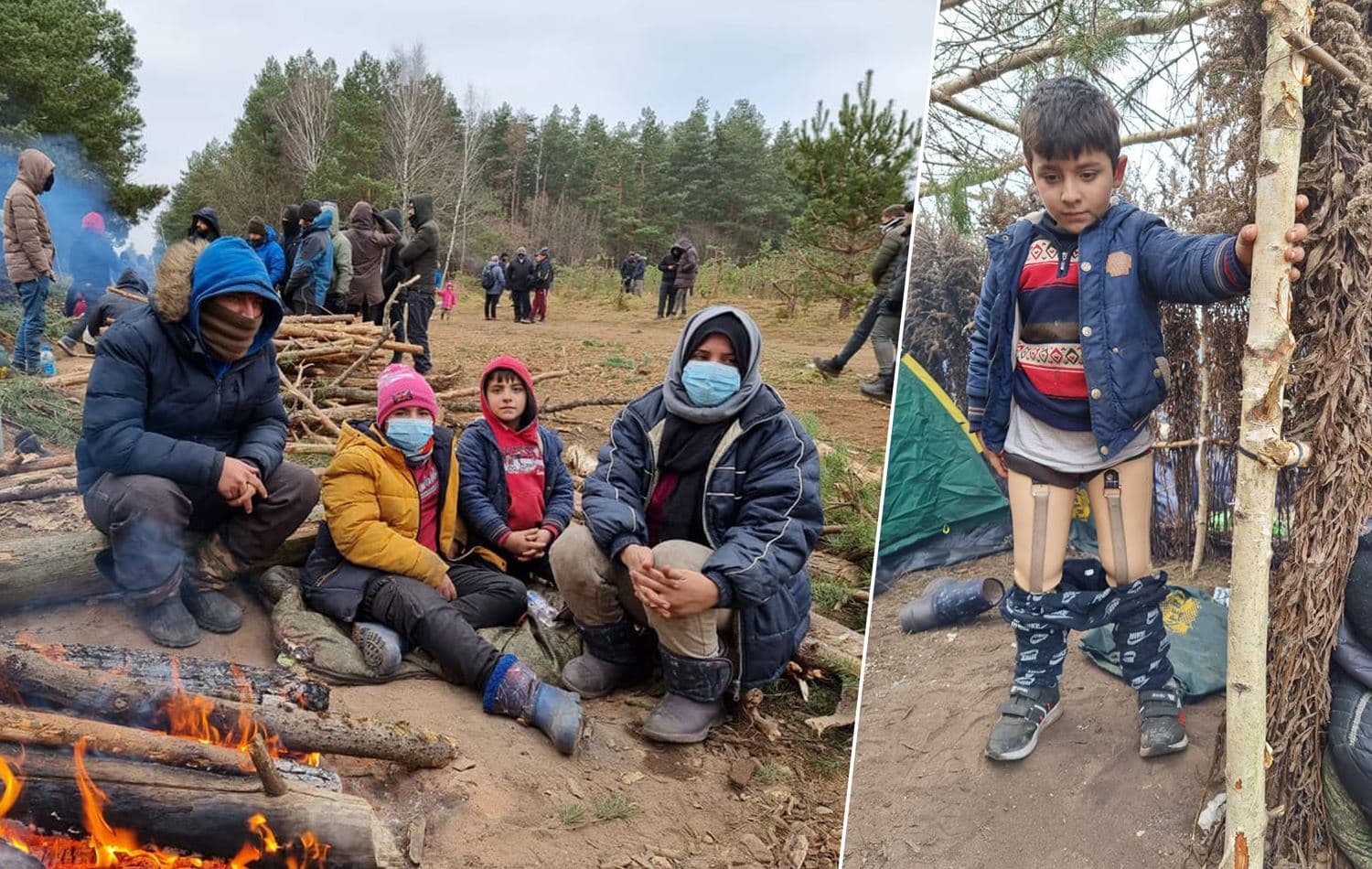 From left: Taman (third from left) and his family in a forest on Belarus-Poland border, and Taman shows his prosthetic legs in the same place in November 2021.
