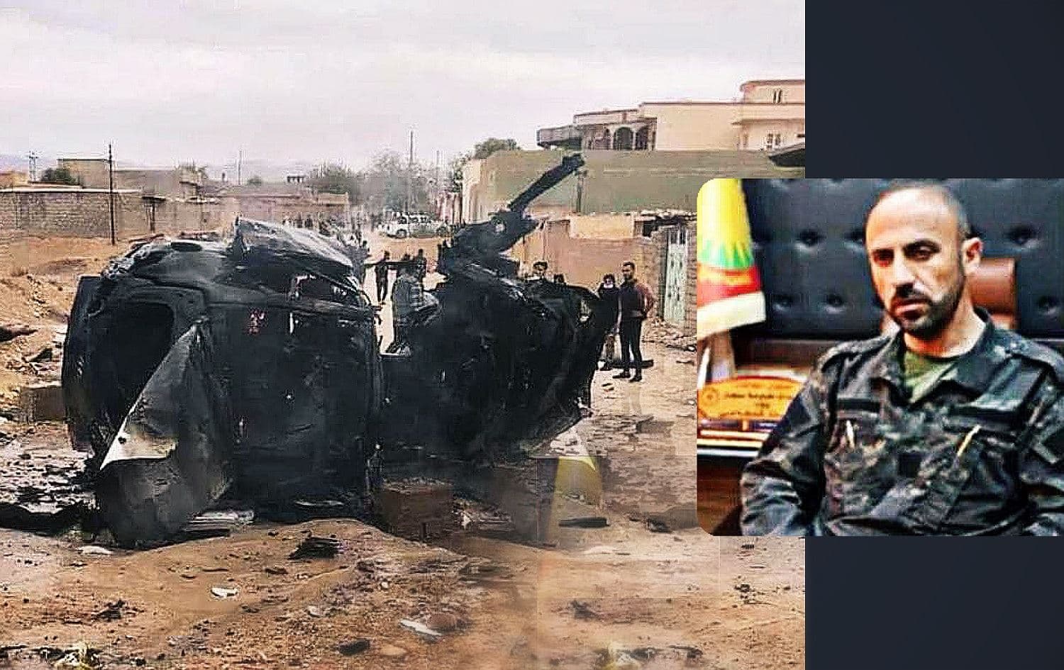 Turkish airstrikes target a vehicle in Shingal (left), killing YBS military commander Marwan Badal Haji (right) on December 7, 2021. Photo: Kurdistan Region Directorate General of Counter Terrorism