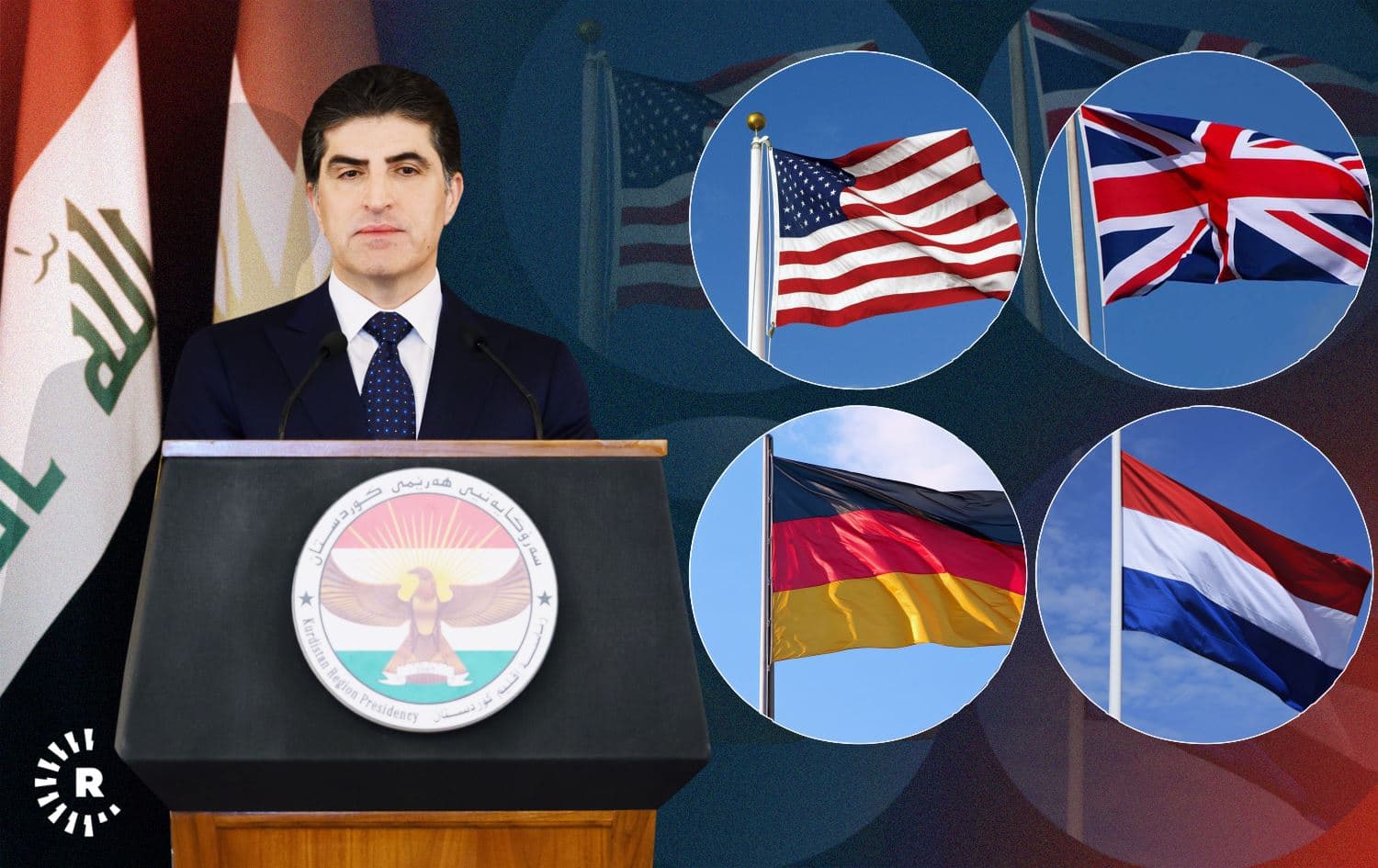 File photo of President Nechirvan Barzani (left) and flags of US, UK, Germany and Netherlands. Photo: handout. Graphic: Rudaw