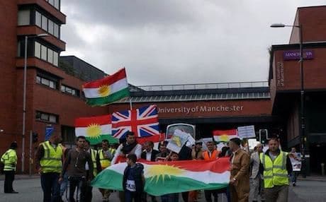 A rally by Kurdish students at Manchester University for Kurdistan independence. Photo courtesy of Fazil Jamal