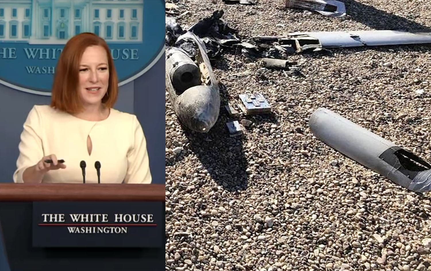 White House spokesperson Jen Psaki (left) speaks at a presser on January 6, 2021. Photo: screenshot; Shot down drone at Iraq’s Ain al-Asad airbase (right) on January 4, 2021. Photo: Security Media Cell/Twitter; Graphic: Rudaw